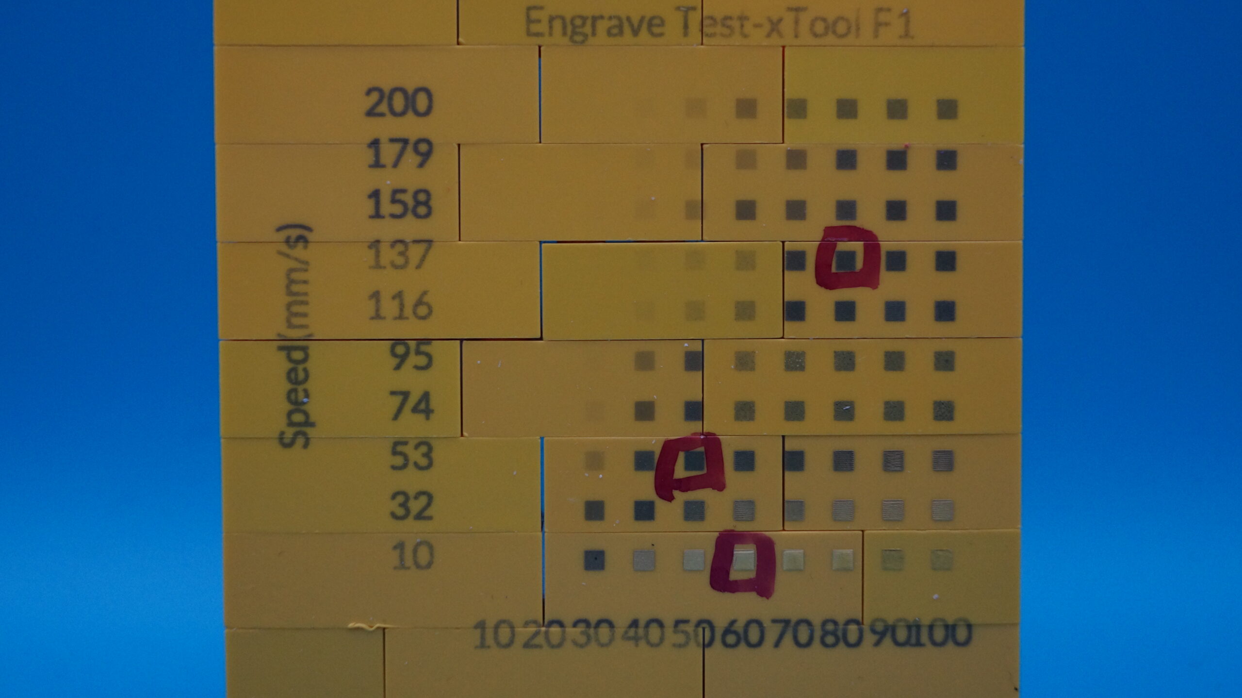 Lasergravur Test auf Kunststoff. Zeigt den Farbumschlag der durch einen Infrarotlaser auf Kunststoffen entstehen kann